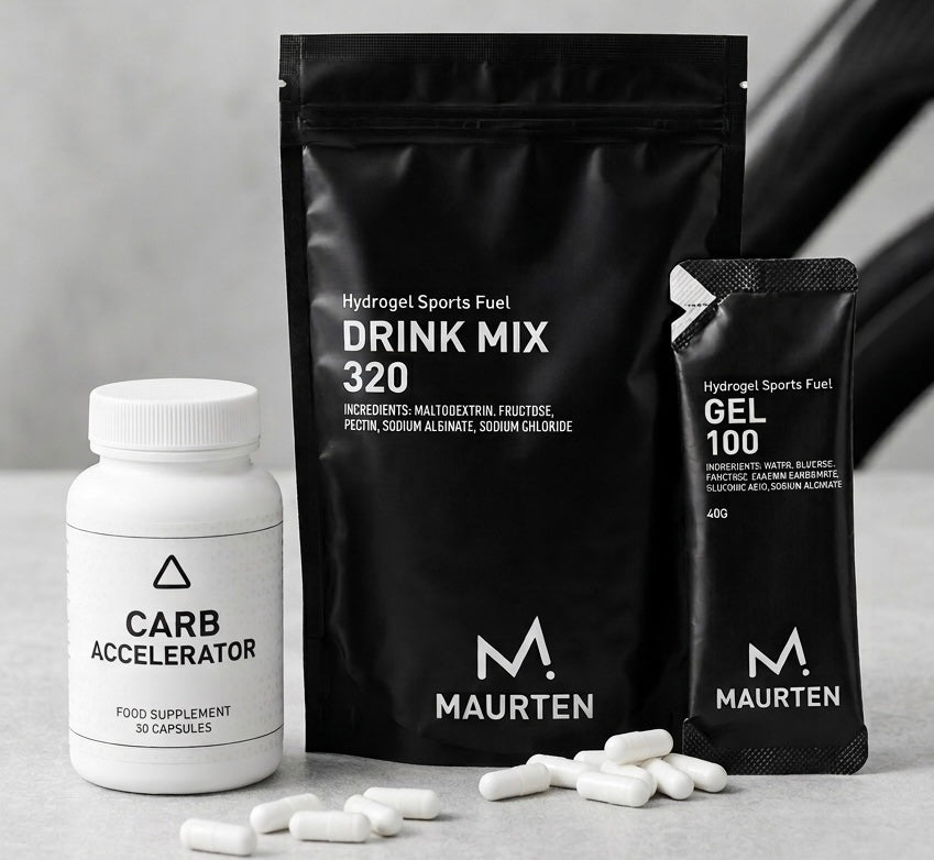 Maurten sports nutrition products including drink mix, gel, and carb accelerator on a gray background