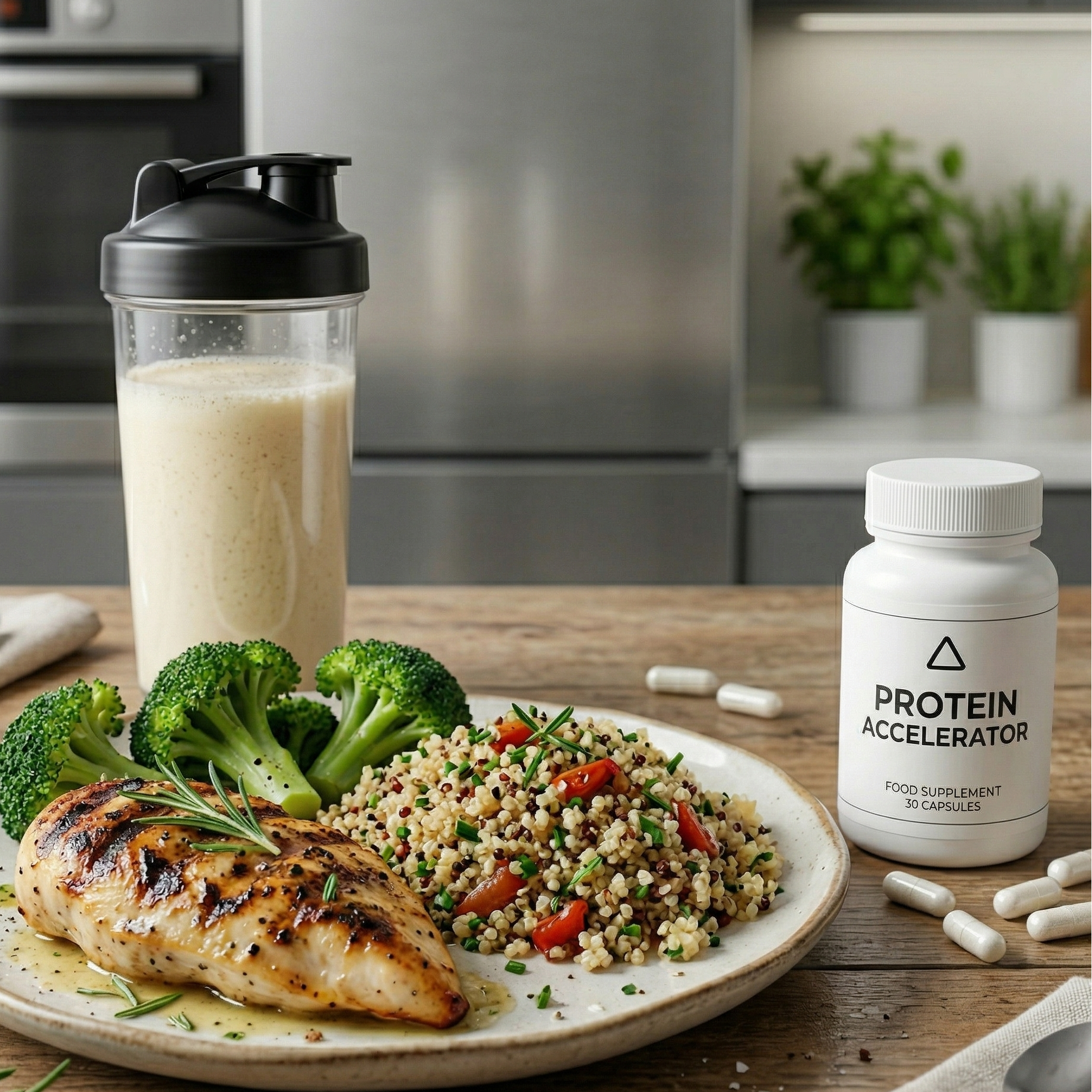 Plate of grilled chicken with vegetables and grains, protein shake, and supplement on a kitchen counter.